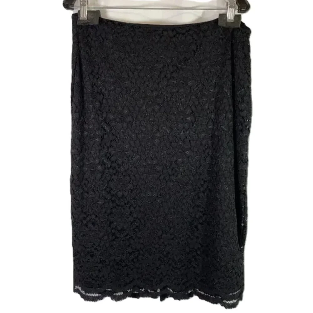 Worthington Black Lace Pencil Skirt Lined Knee Length Back Gold Zipper Size 14